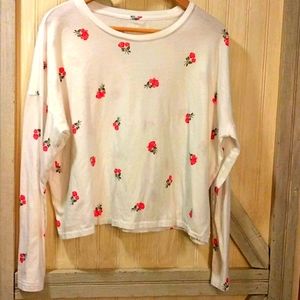 Victorias Secret PINK sz Large Slouchy Crew Tee,White Floral T-Shirt Long Sleeve